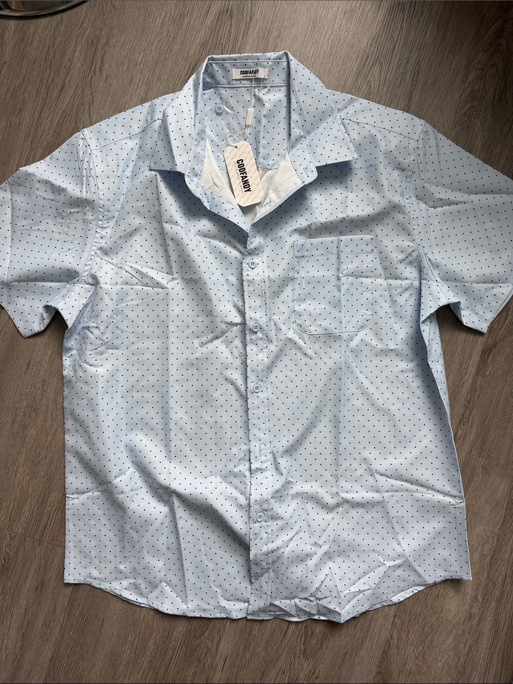 Men’s Light Blue Short-Sleeve Button-Up with Navy Dot Print